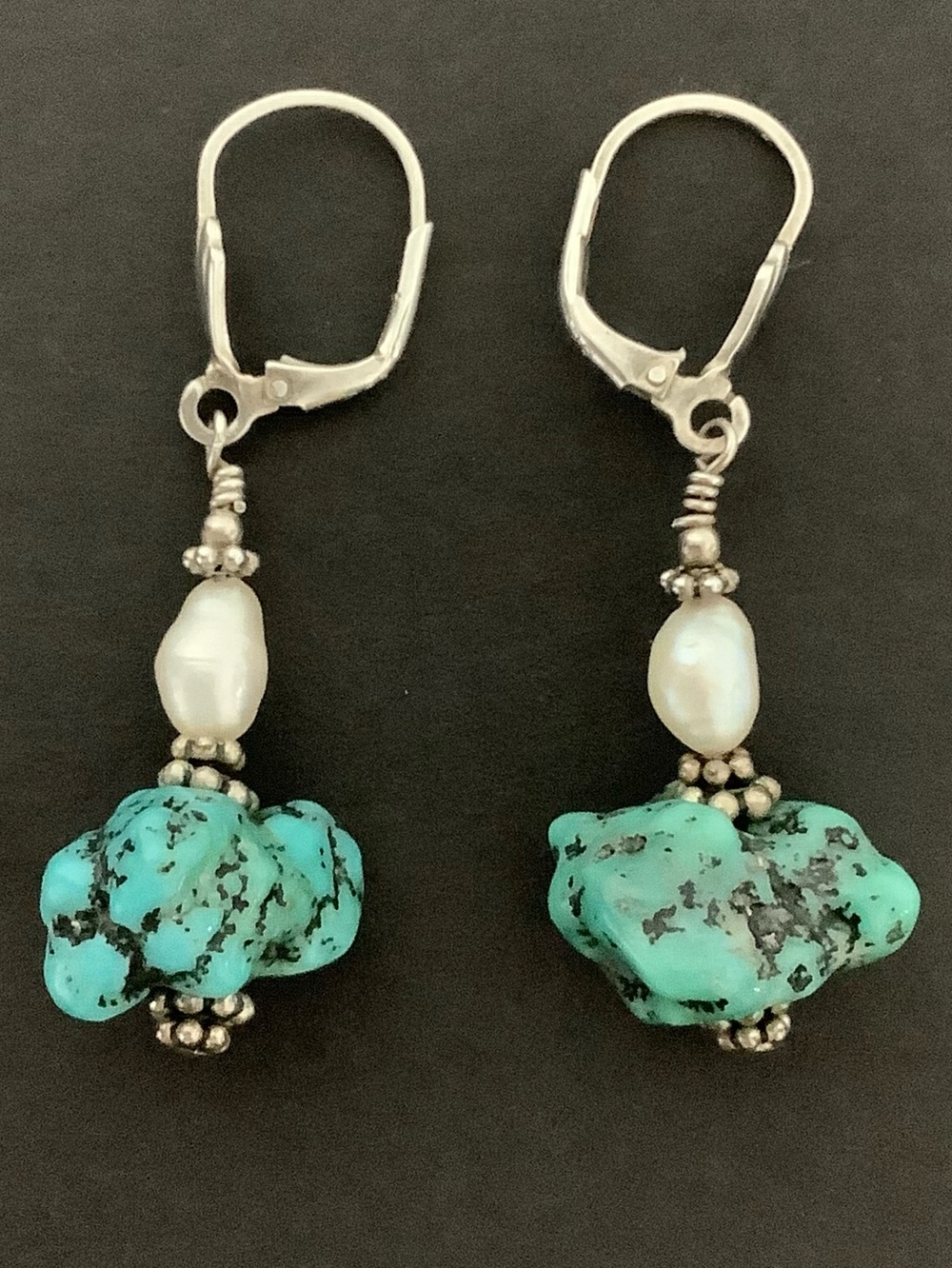 925 Silver Vintage Blue Turquoise Nuggets & Baroque Fresh Water Pearl Earrings